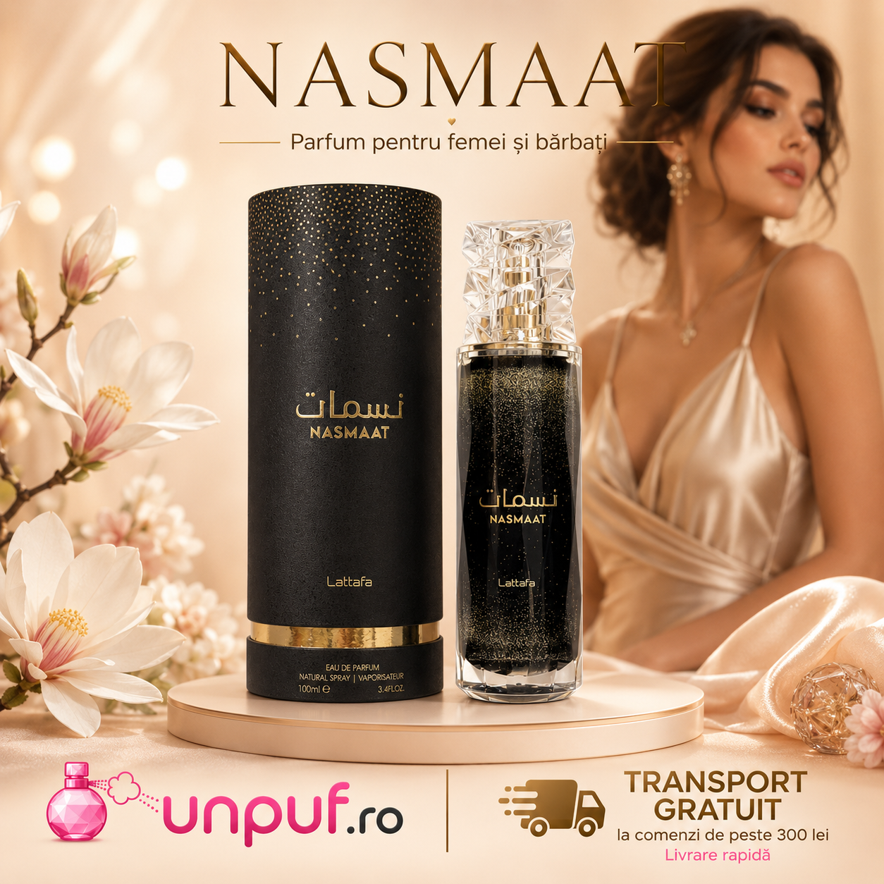 Lattafa Nasmaat EDP 100 ml, parfum arabesc floral fructat vanilat, flacon negru cu detalii aurii